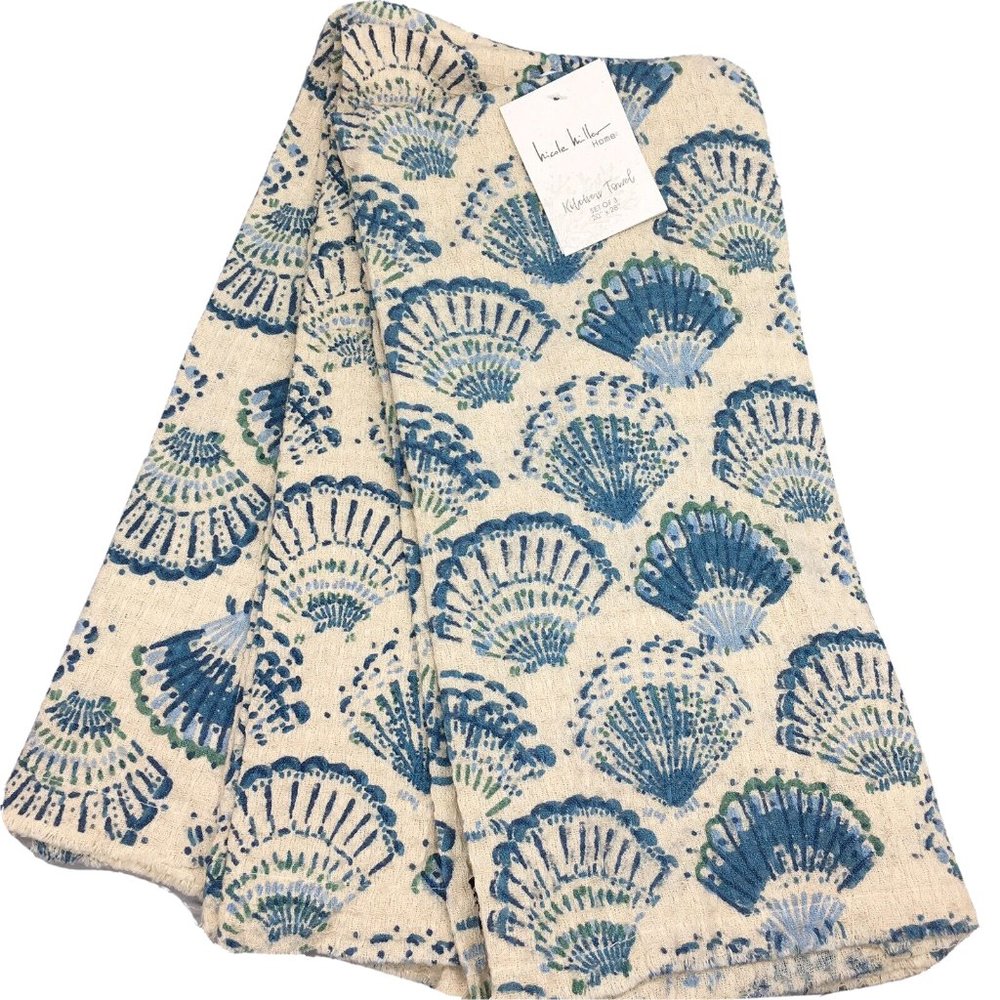 x3 Nicole Miller Blue Green Seashell Kitchen Towel Set Waffle Knit Beach Shells